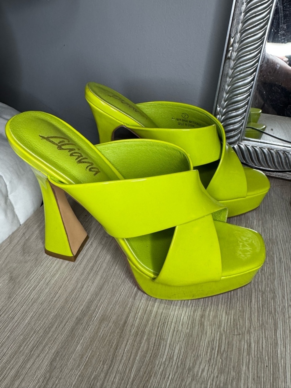 EGO Neon Lime Crisscross Platform Mule Heels